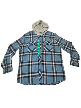 NWT Quiksilver Hooded Flannel Shirt Mens XL Blue Plaid Cotton Button Up Hoodie